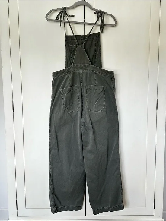 AE Studio Olive Green Wide Leg Cropped Overalls Size S 100% Cotton - Picture 3 of 8